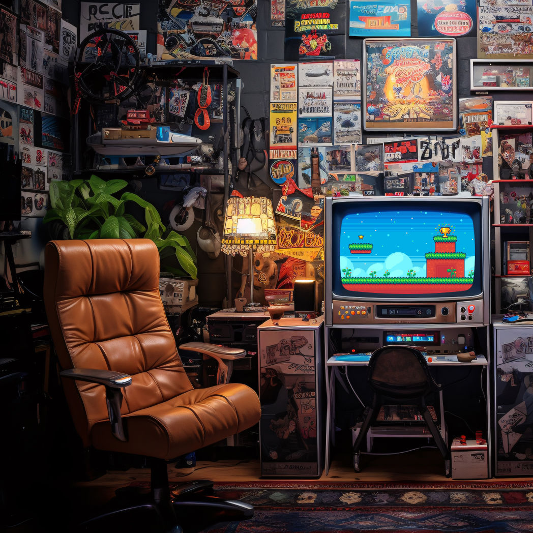 cameră de jocuri retro mică cu decor vintage